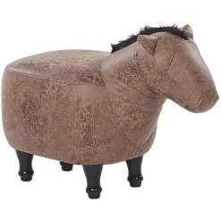 Beliani Kids Animal Stool Leather Look Fabric Pouffe Wooden Legs Playroom Brown Horse