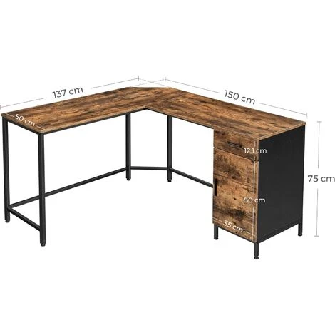 VASAGLE Corner Desk, L-Shaped Computer Desk, Office Desk With Cupboard And Drawer, Study, Space-Saving, Easy Assembly, Steel, Industrial Design, Rustic Brown And Black By SONGMICS LWD74X - Image 5
