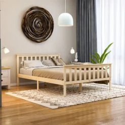 Home Discount Milan 4ft6 Double Solid Pine Wood Bed Frame, High Foot End, Pine, 190 X 135 Cm