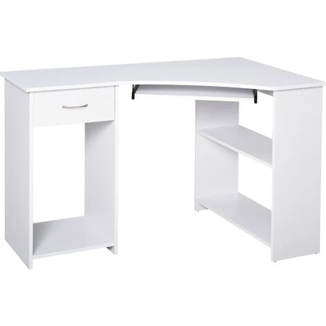 HOMCOM L-Shaped Corner Computer Desk W/ 2 Shelves Worktop Keyboard Tray White