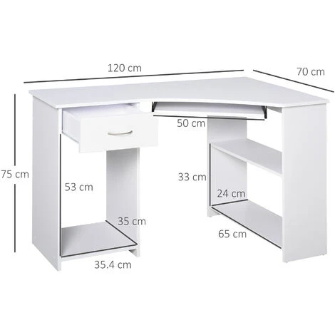 HOMCOM L-Shaped Corner Computer Desk W/ 2 Shelves Worktop Keyboard Tray White - Image 2
