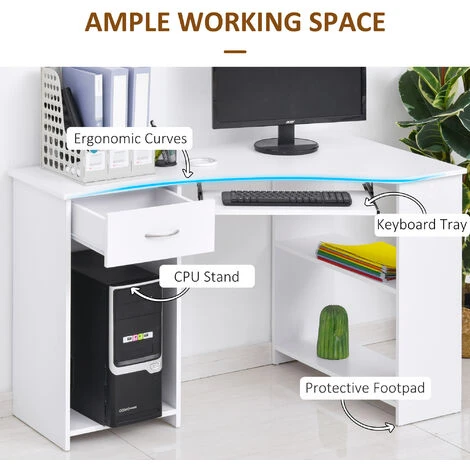 HOMCOM L-Shaped Corner Computer Desk W/ 2 Shelves Worktop Keyboard Tray White - Image 5