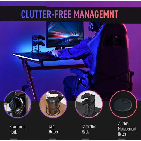 HOMCOM Ergonomic Gaming Desk With Hook Cup Holder LED & Cable Management Red - Image 5