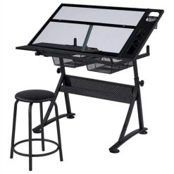 Yaheetech Height Adjustable Glass Drafting Table & Stool Set,Black