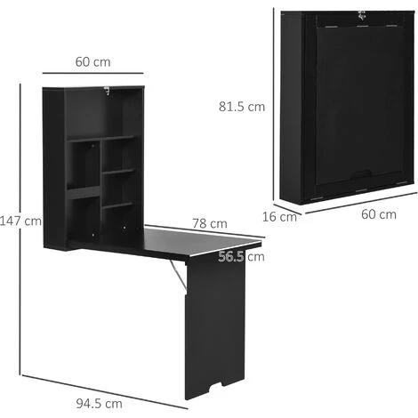 HOMCOM Multi-Functional Folding Wall-Mounted Drop-Leaf Table W/Chalkboard Shelf Black - Image 2