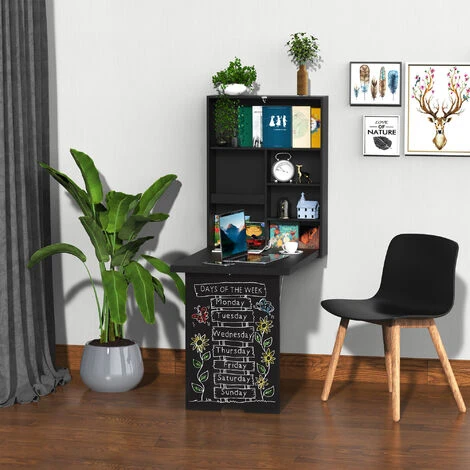 HOMCOM Multi-Functional Folding Wall-Mounted Drop-Leaf Table W/Chalkboard Shelf Black - Image 3