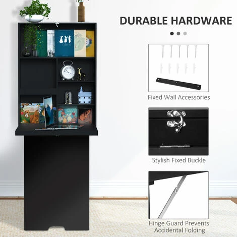 HOMCOM Multi-Functional Folding Wall-Mounted Drop-Leaf Table W/Chalkboard Shelf Black - Image 4