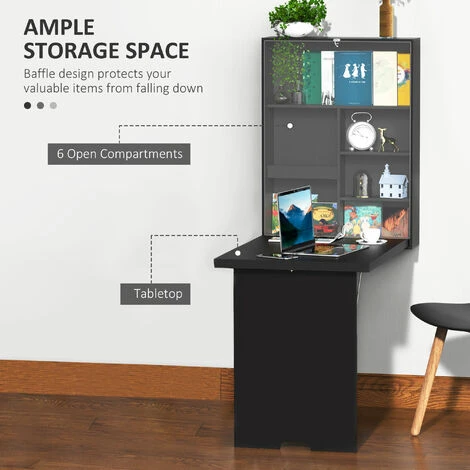 HOMCOM Multi-Functional Folding Wall-Mounted Drop-Leaf Table W/Chalkboard Shelf Black - Image 5