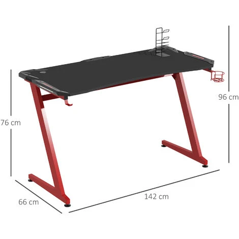 HOMCOM Gaming Desk With Gamepad Holder Cup Holder Headphone Hook Black, Red - Image 2