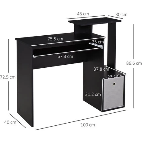HOMCOM Computer Desk With Sliding Keyboard Tray Storage Drawer Shelf Black - Image 2