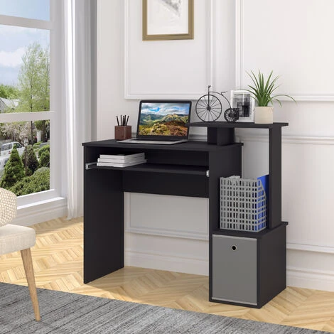 HOMCOM Computer Desk With Sliding Keyboard Tray Storage Drawer Shelf Black - Image 3