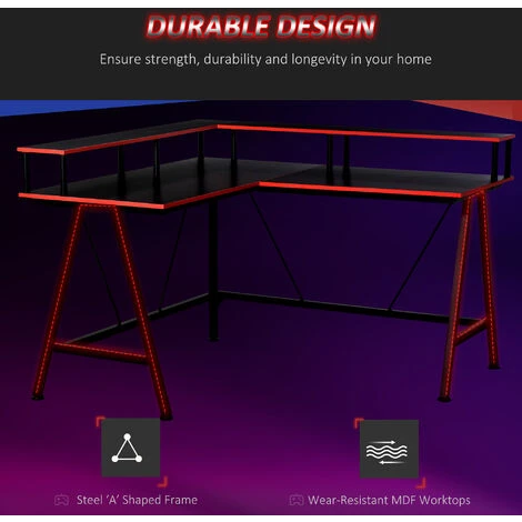 HOMCOM L-Shape Gaming Corner Desk Computer Table W/ Monitor Shelf Workstation - Image 5