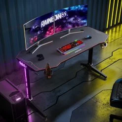 ELEGANT Black PC Gaming Computer Desk With Full Mouse Pad 1400x600mm Home Office PC Desk With LED Lights Headphone Hooks And Cup Holder