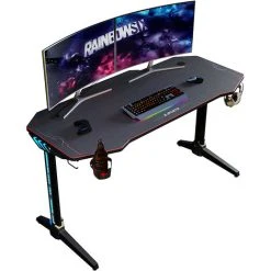 ELEGANT Gaming Desk Office PC Computer Gaming Desk Gamer Tables With LED Stand Cup Holder Headphone Hook Free Mousepad, Black 1400x600mm
