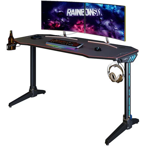 ELEGANT Gaming Desk With LED Lights Computer Table Workstations For Home And Office With Headphone Hooks And Cup Holder 1400x600mm Black