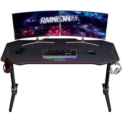 ELEGANT Gaming Desk With LED Lights Computer Table Workstations For Home And Office With Headphone Hooks And Cup Holder 1400x600mm Black - Image 2