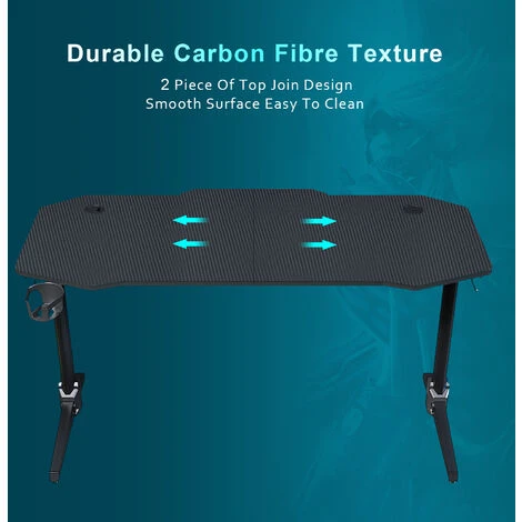 ELEGANT Gaming Desk With LED Lights Computer Table Workstations For Home And Office With Headphone Hooks And Cup Holder 1400x600mm Black - Image 3