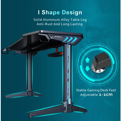 ELEGANT Gaming Desk With LED Lights Computer Table Workstations For Home And Office With Headphone Hooks And Cup Holder 1400x600mm Black - Image 4