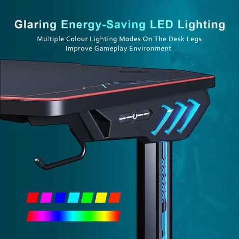 ELEGANT Gaming Desk With LED Lights Computer Table Workstations For Home And Office With Headphone Hooks And Cup Holder 1400x600mm Black - Image 5