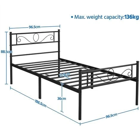 Yaheetech 3ft Single Iron Platform Bed With Scroll Design Headboard And Footboard, Black - Image 5