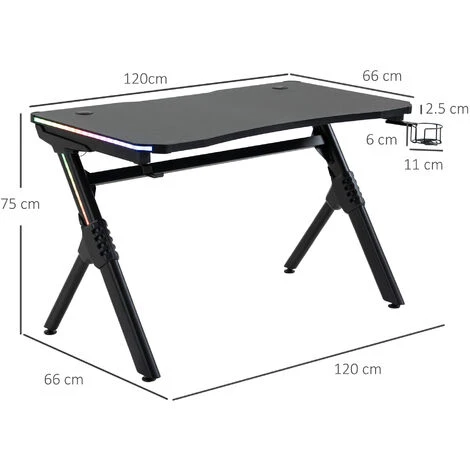 HOMCOM LED Game Office Desk Computer With Cup Holder 2 Cable Management Black - Image 2