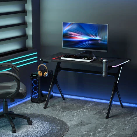 HOMCOM LED Game Office Desk Computer With Cup Holder 2 Cable Management Black - Image 3