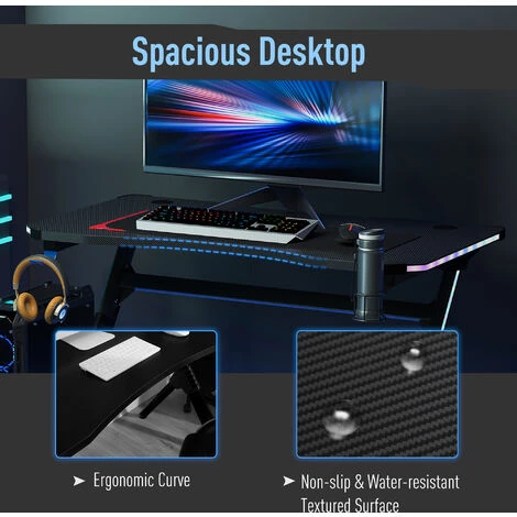 HOMCOM LED Game Office Desk Computer With Cup Holder 2 Cable Management Black - Image 4