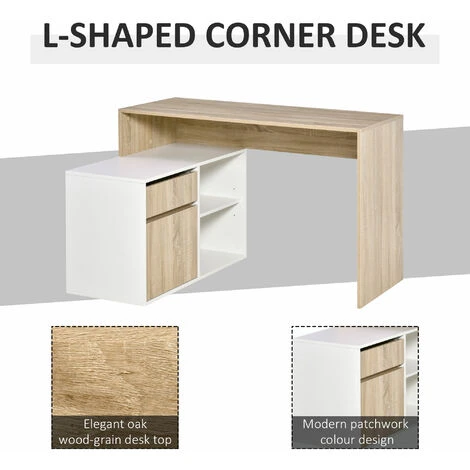 HOMCOM L-Shaped Corner Computer Desk Study Table W/ Storage Shelf Drawer Office - Image 4