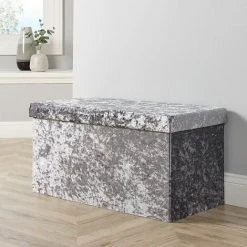 Home Source Large Folding Ottoman Grey Ice Velvet Fabric Chest Solid Storage Space Saving