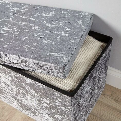 Home Source Large Folding Ottoman Grey Ice Velvet Fabric Chest Solid Storage Space Saving - Image 2