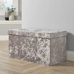 Home Source Large Folding Ottoman Silver Ice Velvet Fabric Chest Solid Storage Space Saving