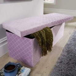 Home Source Extra Large Folding Ottoman Lilac Flat Velvet Diamond Pattern Fabric Storage