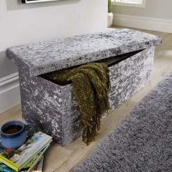 Home Source Extra Large Folding Ottoman Grey Ice Velvet Fabric Chest Storage Space Saving