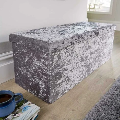 Home Source Extra Large Folding Ottoman Grey Ice Velvet Fabric Chest Storage Space Saving - Image 3