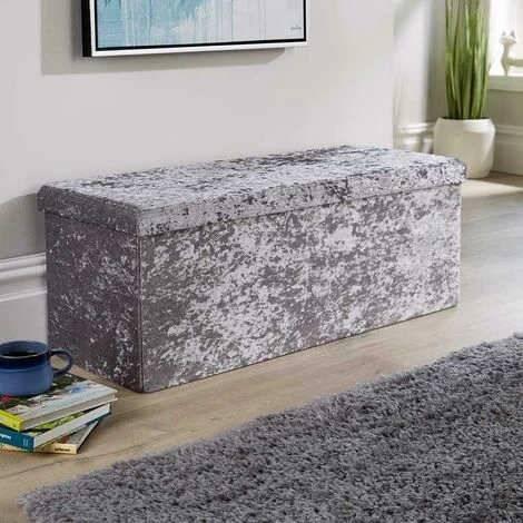 Home Source Extra Large Folding Ottoman Grey Ice Velvet Fabric Chest Storage Space Saving - Image 4