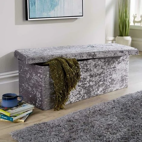 Home Source Extra Large Folding Ottoman Grey Ice Velvet Fabric Chest Storage Space Saving - Image 5