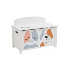 Liberty House Toys Toy Box Storage Organiser W/ Safety Hinge Side Handle Cat And Dog H47.5 X W68 X D37.5cm White And Grey