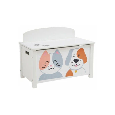 Liberty House Toys Toy Box Storage Organiser W/ Safety Hinge Side Handle Cat And Dog H47.5 X W68 X D37.5cm White And Grey