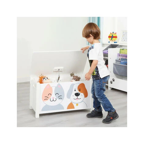 Liberty House Toys Toy Box Storage Organiser W/ Safety Hinge Side Handle Cat And Dog H47.5 X W68 X D37.5cm White And Grey - Image 2