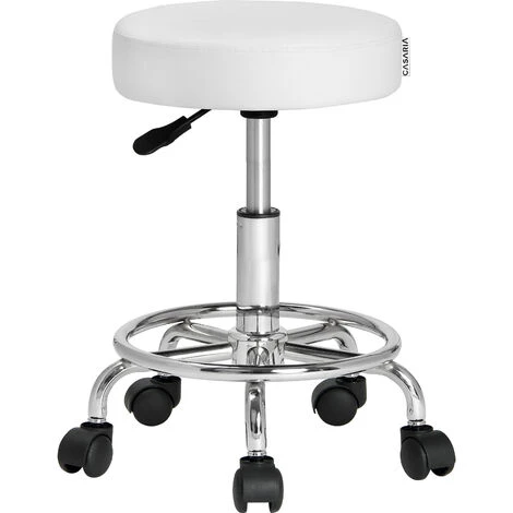 Casaria Rolling Stool Height Adjustable 51-65 Cm Rotatable 360° 10cm Thick Padding Footrest And 5 Castors Massage Salon Band Office Hydraulic Stool White