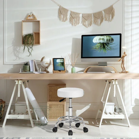 Casaria Rolling Stool Height Adjustable 51-65 Cm Rotatable 360° 10cm Thick Padding Footrest And 5 Castors Massage Salon Band Office Hydraulic Stool White - Image 2