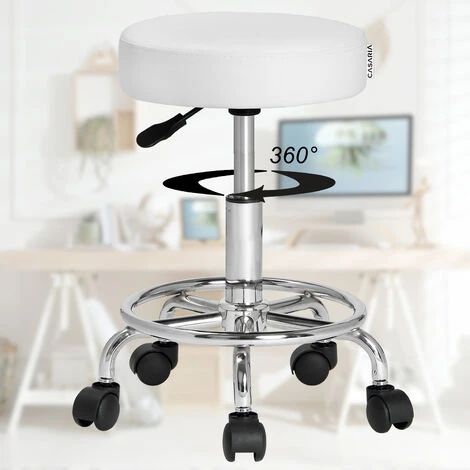 Casaria Rolling Stool Height Adjustable 51-65 Cm Rotatable 360° 10cm Thick Padding Footrest And 5 Castors Massage Salon Band Office Hydraulic Stool White - Image 5