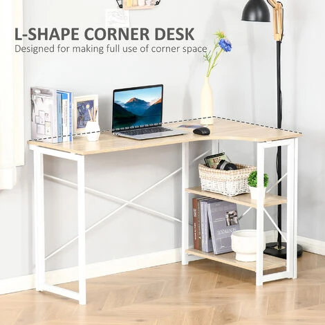 HOMCOM L-Shape Folding Computer Desk Study Workstation With 2 Shelves Oak Tone - Image 5