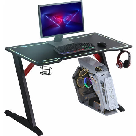 HOMCOM 1.2m Computer Gaming Desk LED Light W/ Cup Holder Headphone Hook E-Sport - Image 3