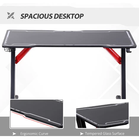 HOMCOM 1.2m Computer Gaming Desk LED Light W/ Cup Holder Headphone Hook E-Sport - Image 4