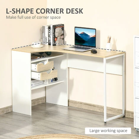 HOMCOM L-Shaped Corner Computer Desk Study Table W/ Storage Shelf Brown - Image 5
