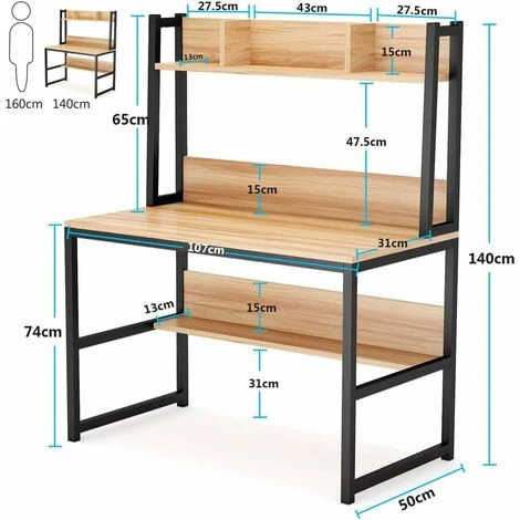 Tribesigns Computer Desk, Home Office Desk Study Desk With Hutch And Shelves For Small Space,107 X 50 X140cm(Light Marple) - Image 3