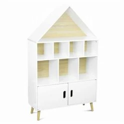 Alice's Garden Children's House-shaped Bookcase - 3 Shelves, 8 Compartments, 2 Cupboards, Scandi-style - Tobias - Natural Pine, White