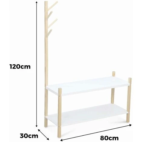 Alice's Garden Children's Shoe And Coat Organiser, 2 Shelves And A Coat Stand With 4 Hooks, 80x30x120cm - Tobias - Natural Pine, Painted White - Image 2