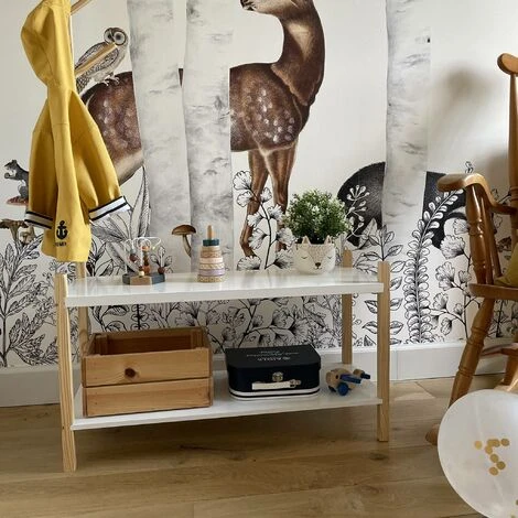 Alice's Garden Children's Shoe And Coat Organiser, 2 Shelves And A Coat Stand With 4 Hooks, 80x30x120cm - Tobias - Natural Pine, Painted White - Image 4